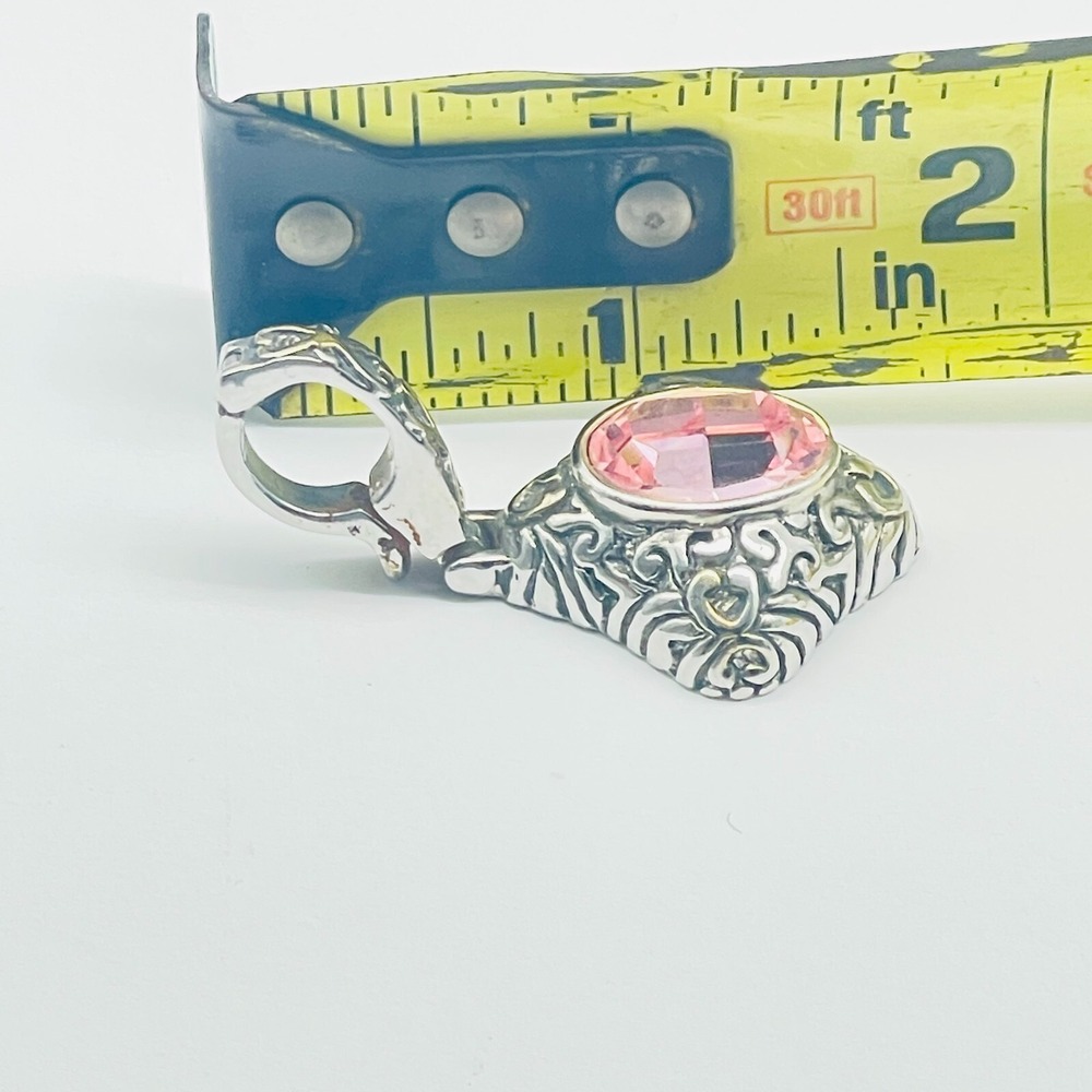 Signed John Candice Pink Crystal Pendant Silver Tone Filigree Vintage Charm Gift - Picture 7 of 7
